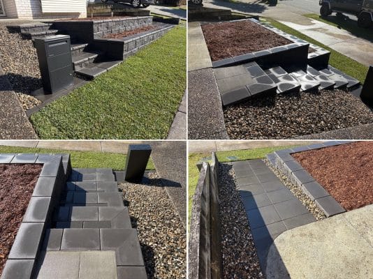 Front yard landscaping - Terraced block retaining wall with steps - Landscaping Brisbane
